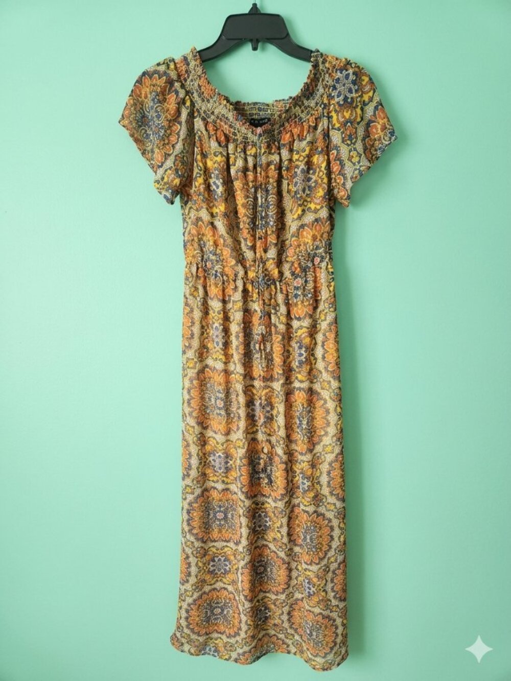 ​Macy's As U Wish Boho Paisley Maxi Dress Women's Size Small Off-Shoulder Yello
